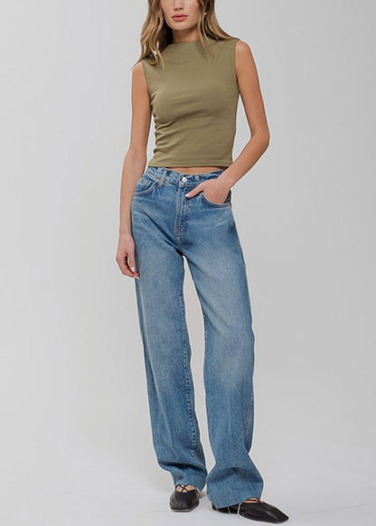 Sleeveless Mock Neck Stretchy Top Olive