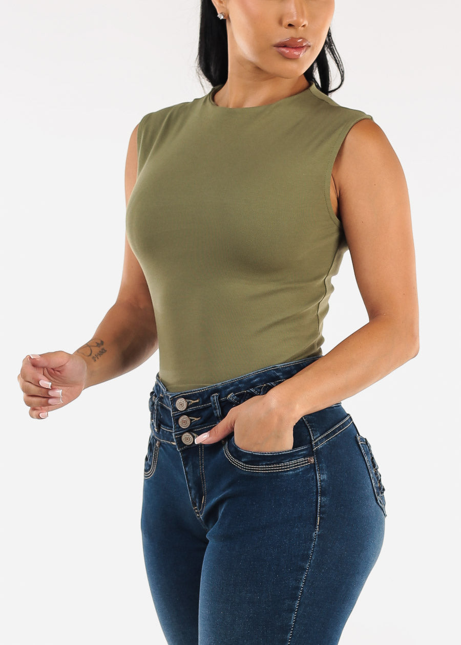 Sleeveless Mock Neck Stretchy Top Olive