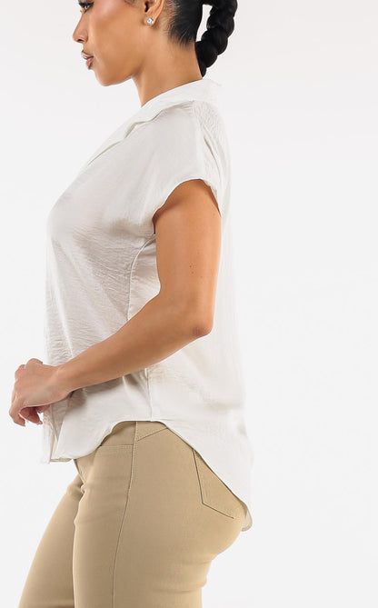 Short Sleeve Round Hem Button Up Blouse Ivory
