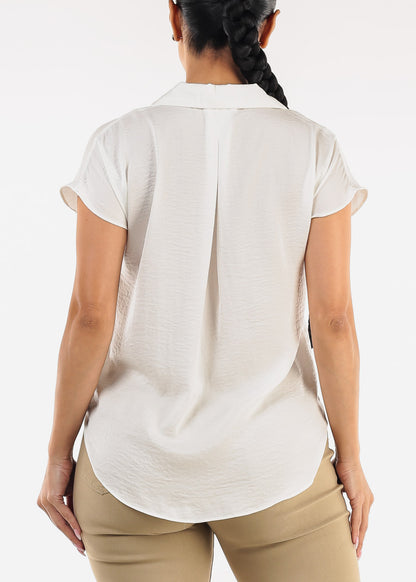 Short Sleeve Round Hem Button Up Blouse Ivory