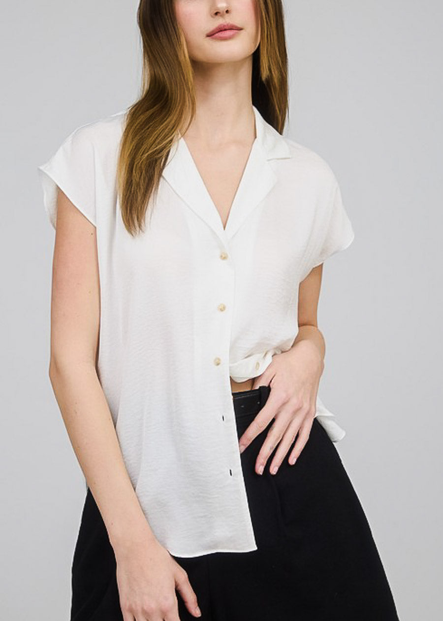 Short Sleeve Round Hem Button Up Blouse Ivory