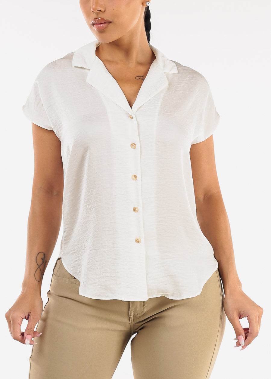 Short Sleeve Round Hem Button Up Blouse Ivory
