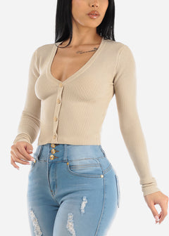 Ribbed Long Sleeve Vneck Cropped Sweater Top Tan