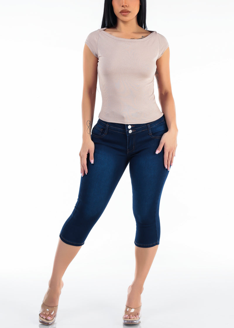 Cap Sleeve Boat Neckline Stretch Ribbed Top Light Taupe