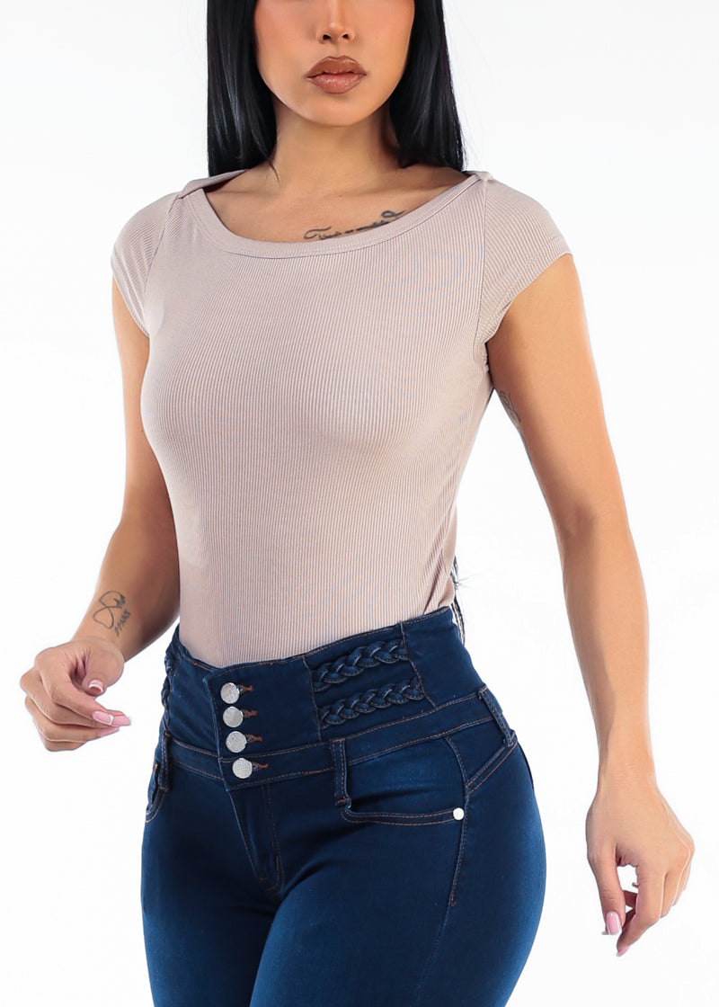 Cap Sleeve Boat Neckline Stretch Ribbed Top Light Taupe