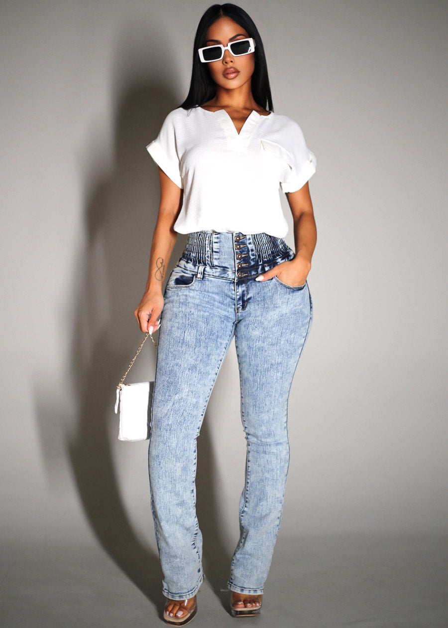 Cuff Short Sleeve Vneck Blouse Cream