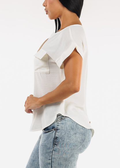 Cuff Short Sleeve Vneck Blouse Cream