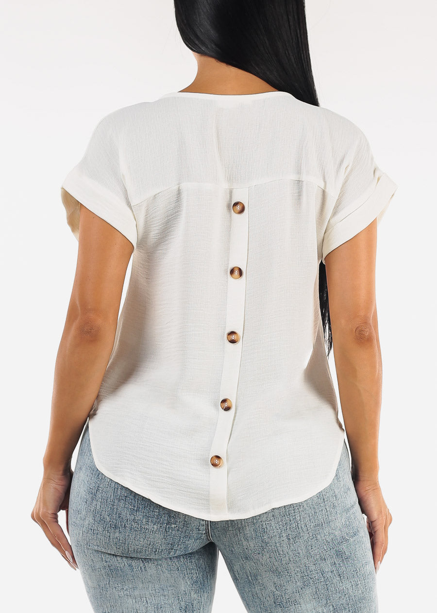 Cuff Short Sleeve Vneck Blouse Cream