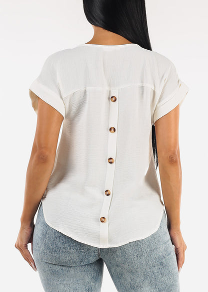 Cuff Short Sleeve Vneck Blouse Cream
