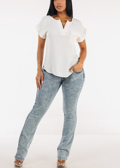 Cuff Short Sleeve Vneck Blouse Cream