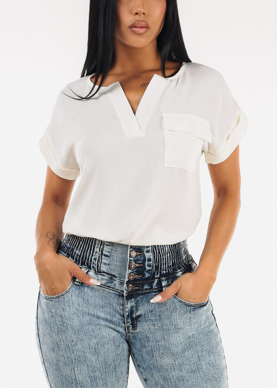 Cuff Short Sleeve Vneck Blouse Cream