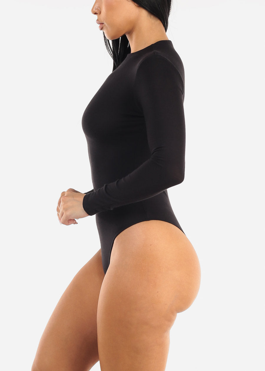 Long Sleeve Crewneck Thong Bodysuit Black