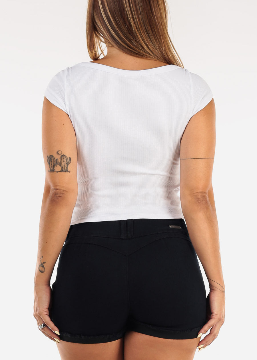 Cap Sleeve Boat Neckline Stretch Ribbed Top Off White