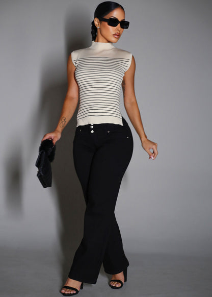 Sleeveless Mock Neck Stripe Sweater Top Beige
