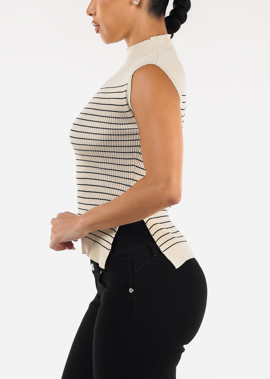 Sleeveless Mock Neck Stripe Sweater Top Beige