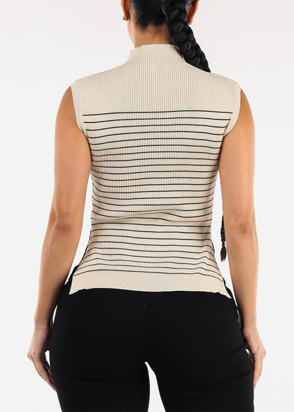 Sleeveless Mock Neck Stripe Sweater Top Beige