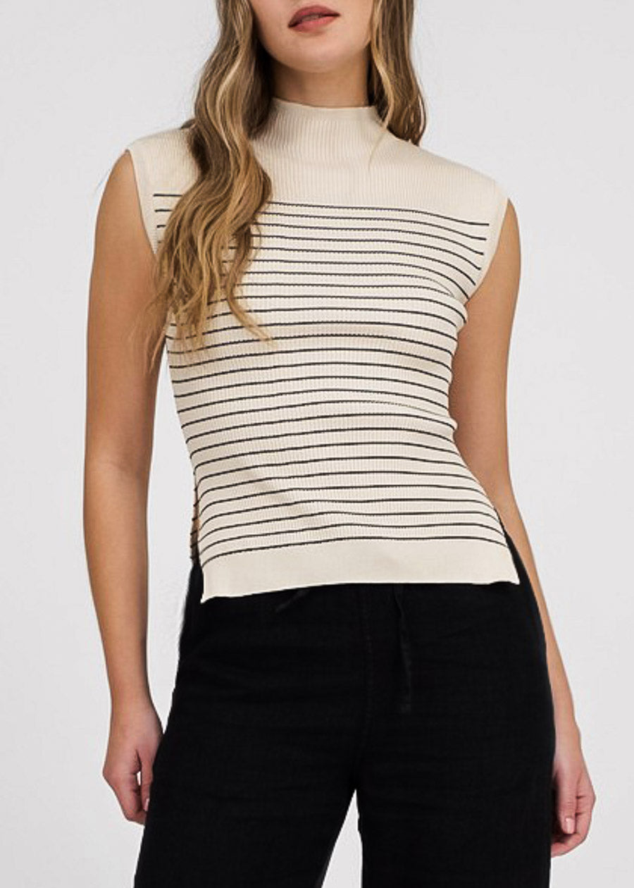 Sleeveless Mock Neck Stripe Sweater Top Beige