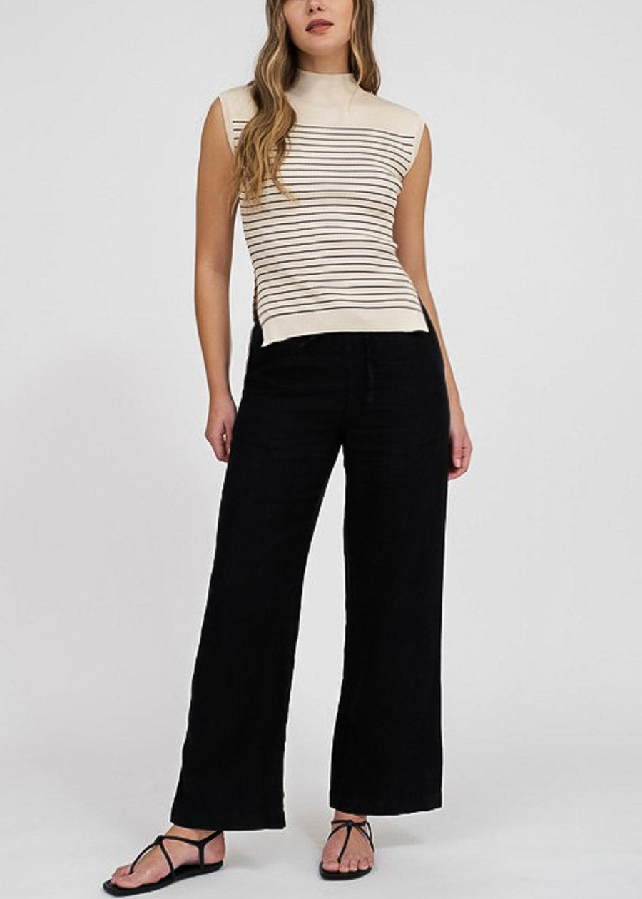 Sleeveless Mock Neck Stripe Sweater Top Beige