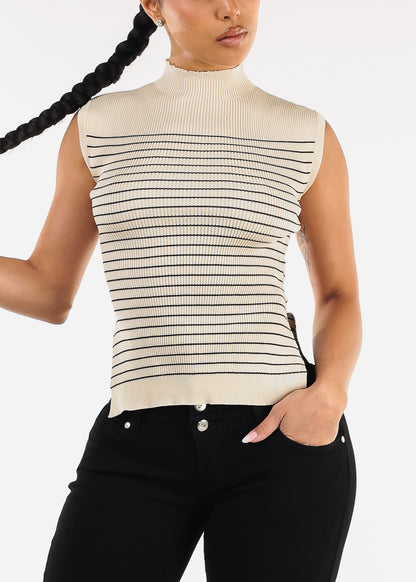 Sleeveless Mock Neck Stripe Sweater Top Beige
