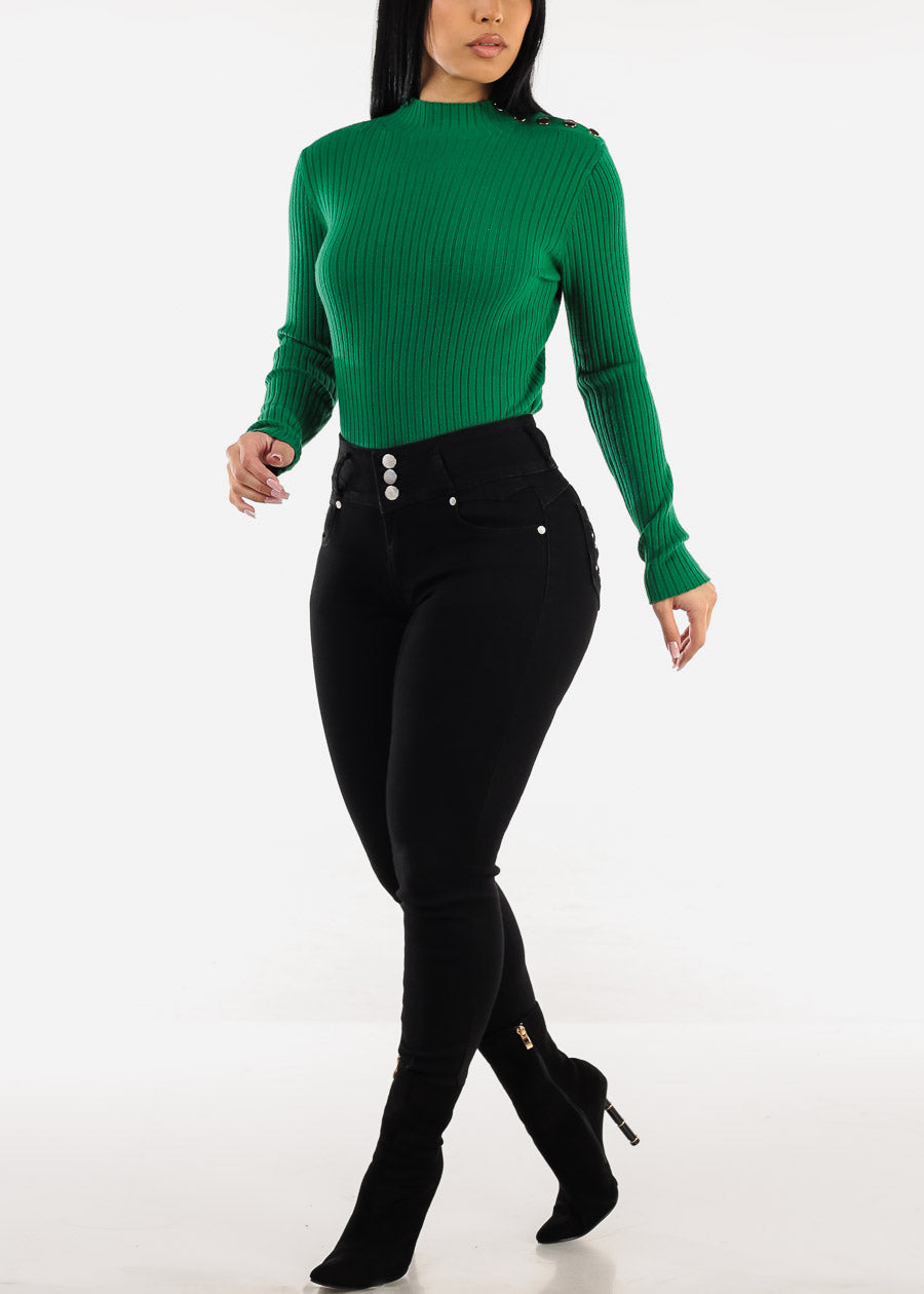 Long Sleeve Green Knitted Sweater w Button Detail