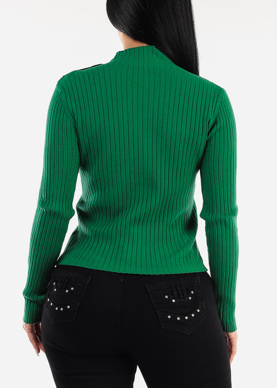 Long Sleeve Green Knitted Sweater w Button Detail