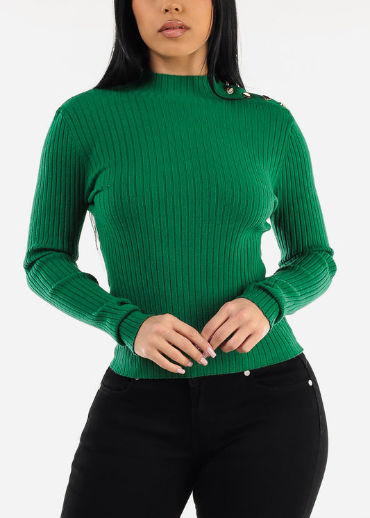 Long Sleeve Green Knitted Sweater w Button Detail