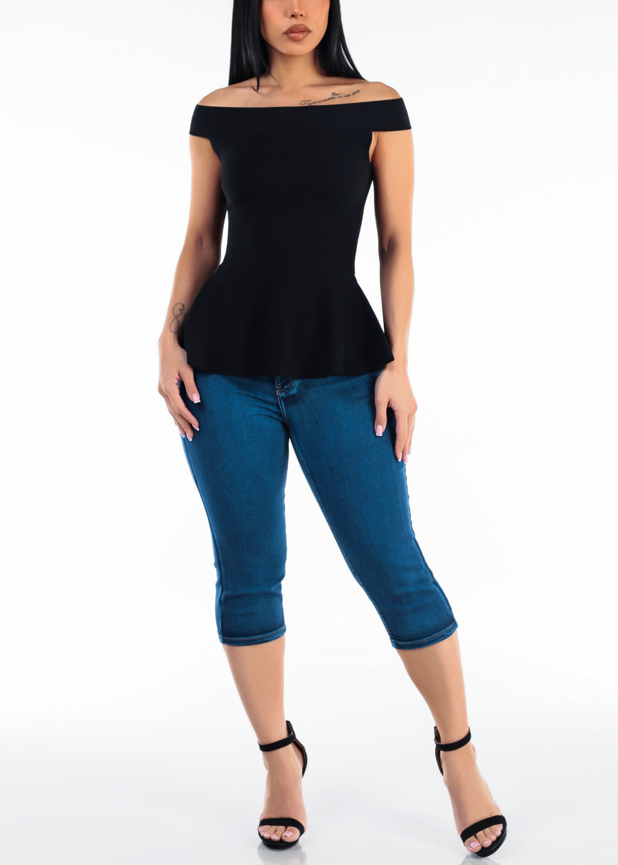 Off Shoulder Peplum Sweater Top Black