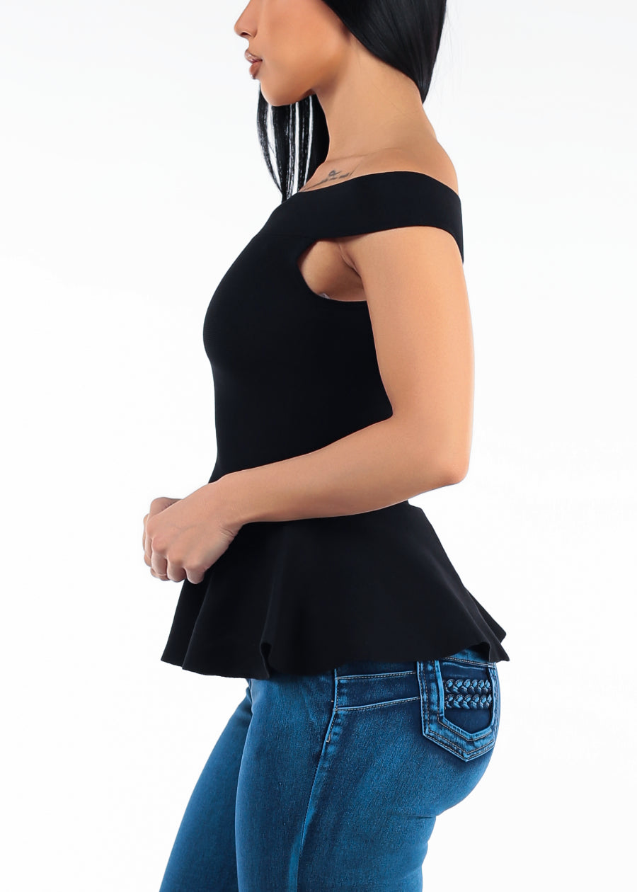 Off Shoulder Peplum Sweater Top Black