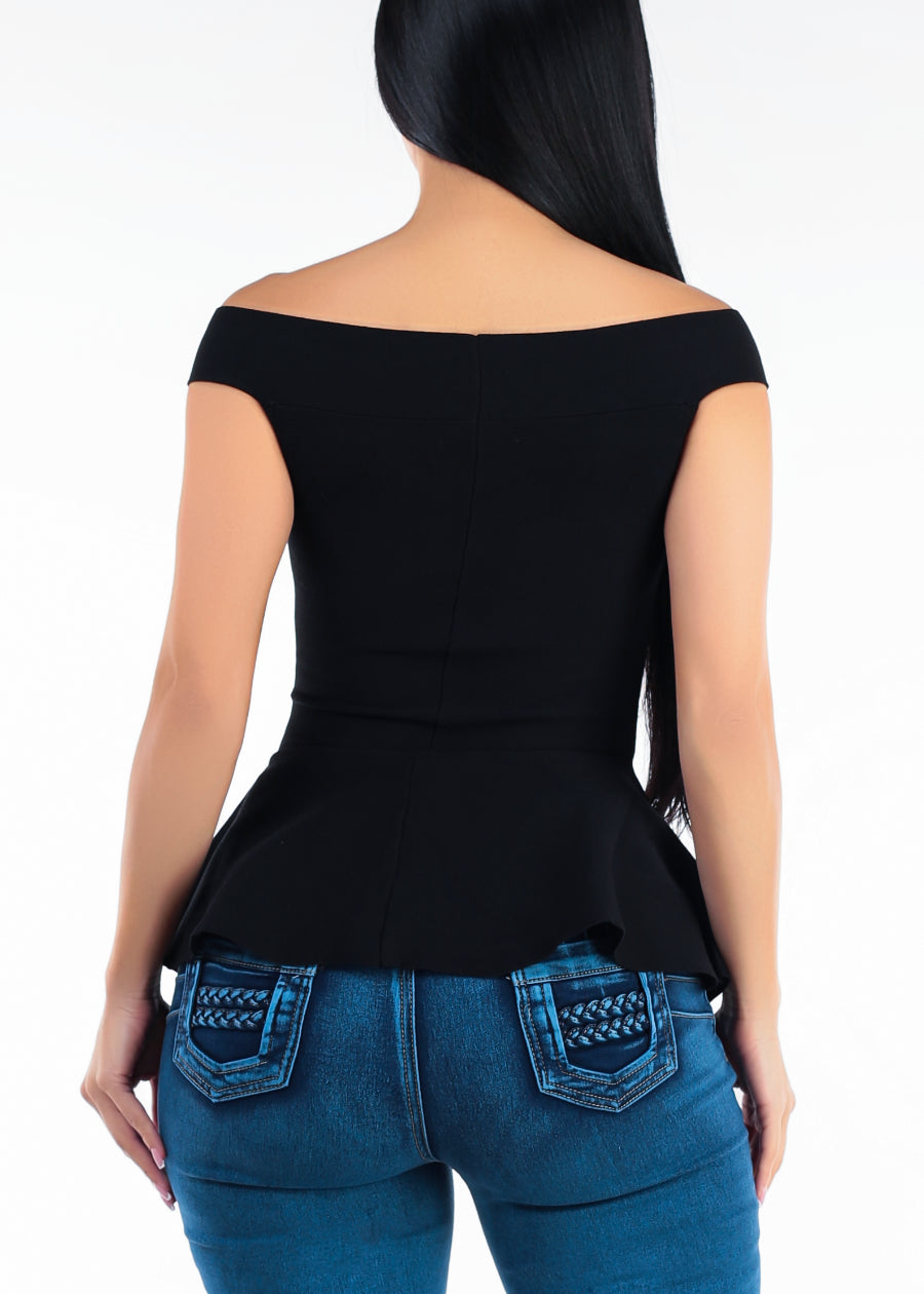 Off Shoulder Peplum Sweater Top Black