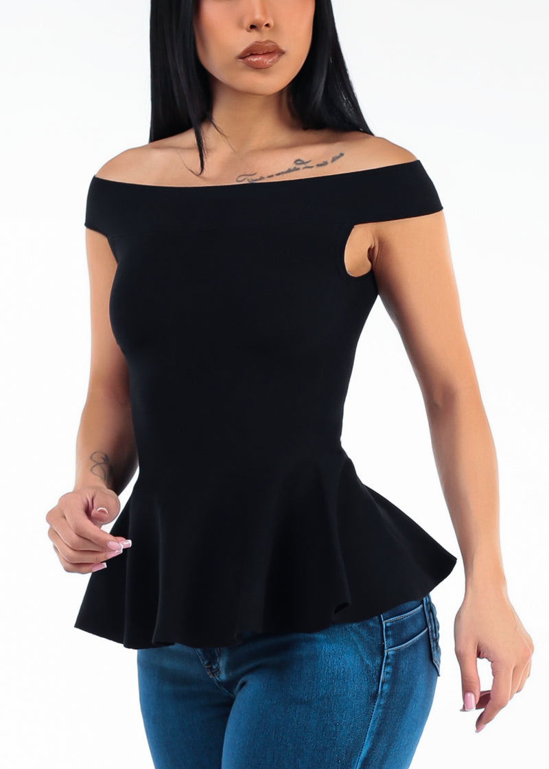 Off Shoulder Peplum Sweater Top Black