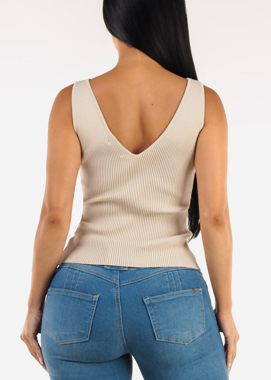 Stretchy Sleeveless Vneck Ribbed Top Beige