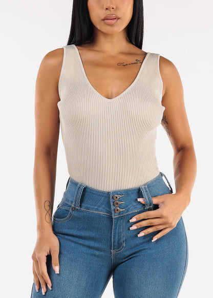 Stretchy Sleeveless Vneck Ribbed Top Beige