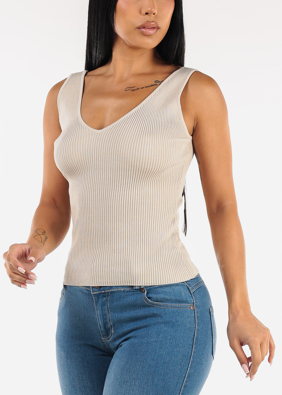 Stretchy Sleeveless Vneck Ribbed Top Beige