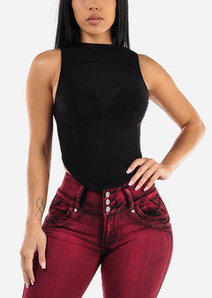 Black Ruched Sleeveless Mesh Top