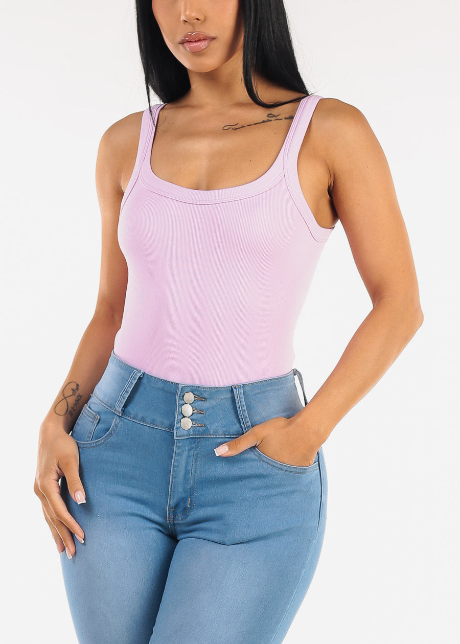 Sleeveless Ribbed Scoop Neck Cami Bodysuit Lilac