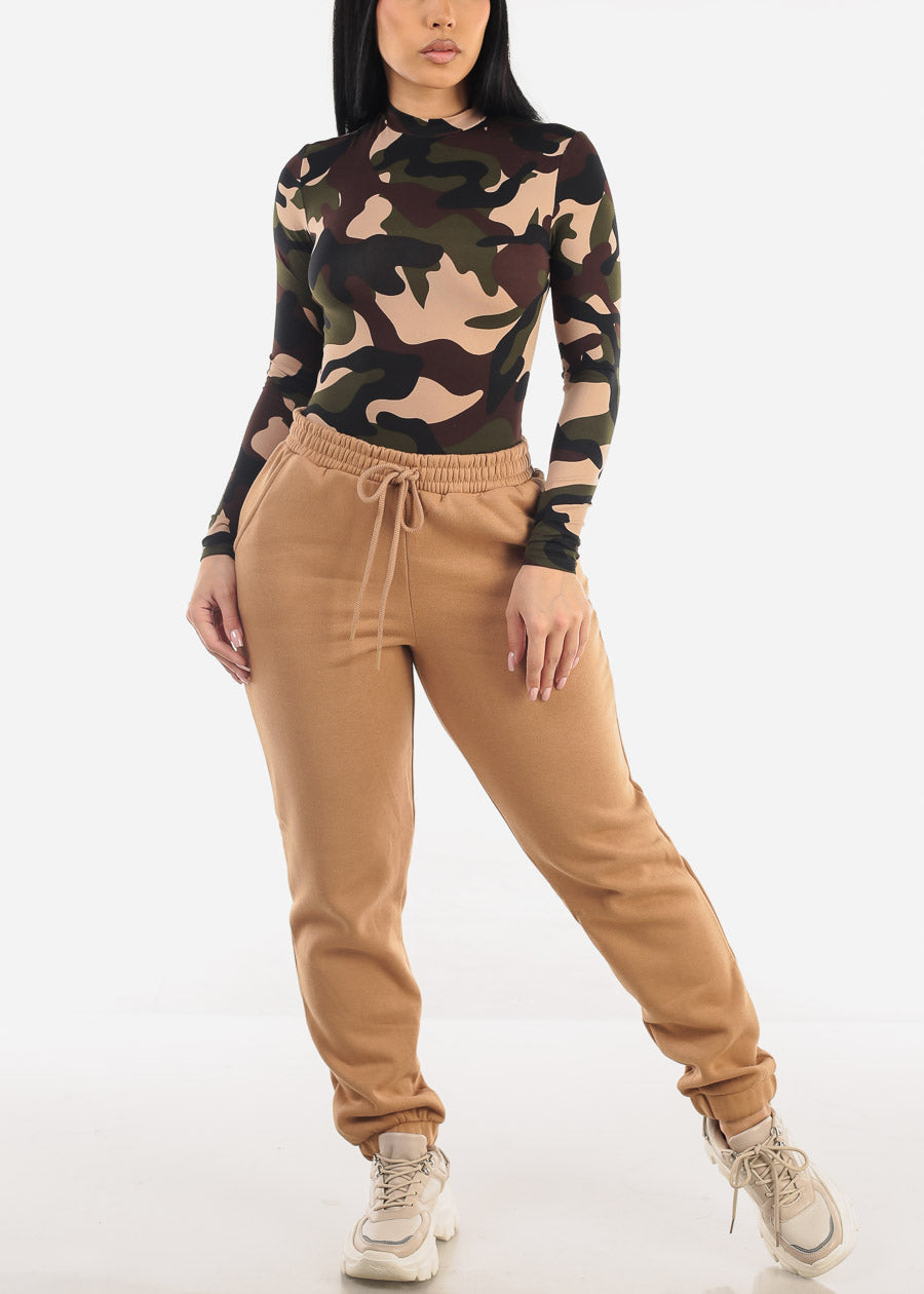 Long Sleeve Mock Neck Camo Thong Bodysuit