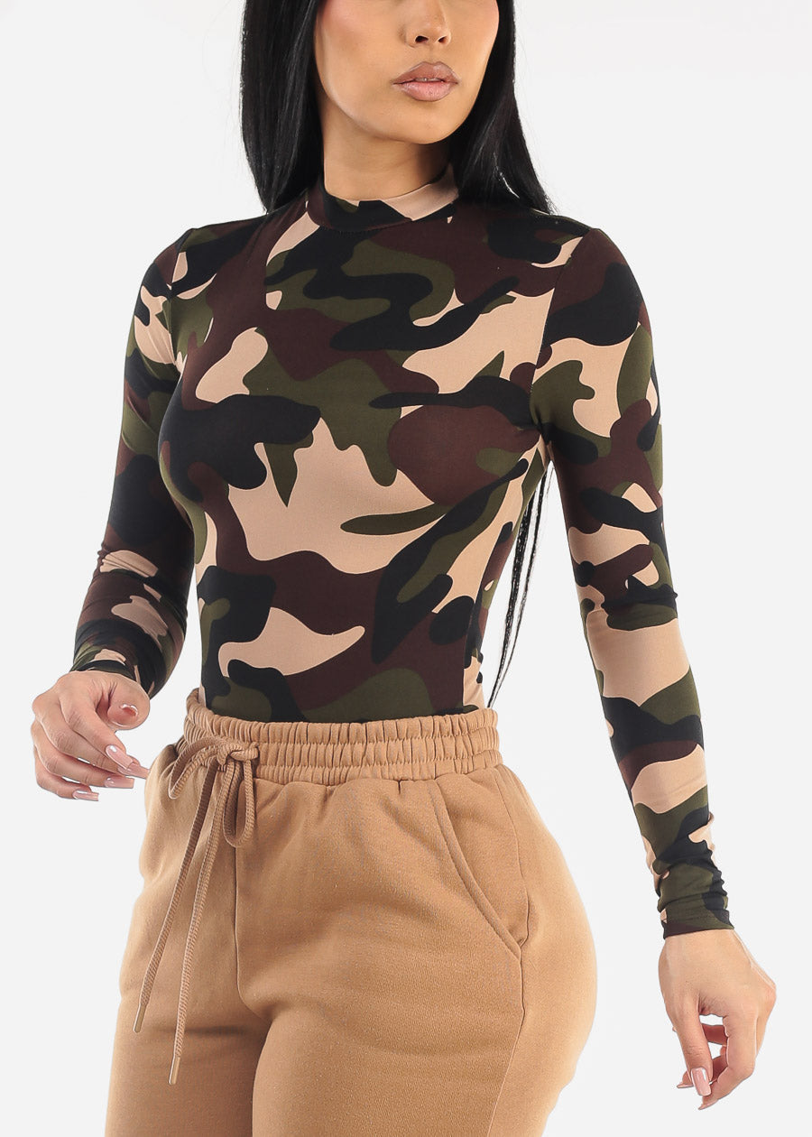 Long Sleeve Mock Neck Camo Thong Bodysuit