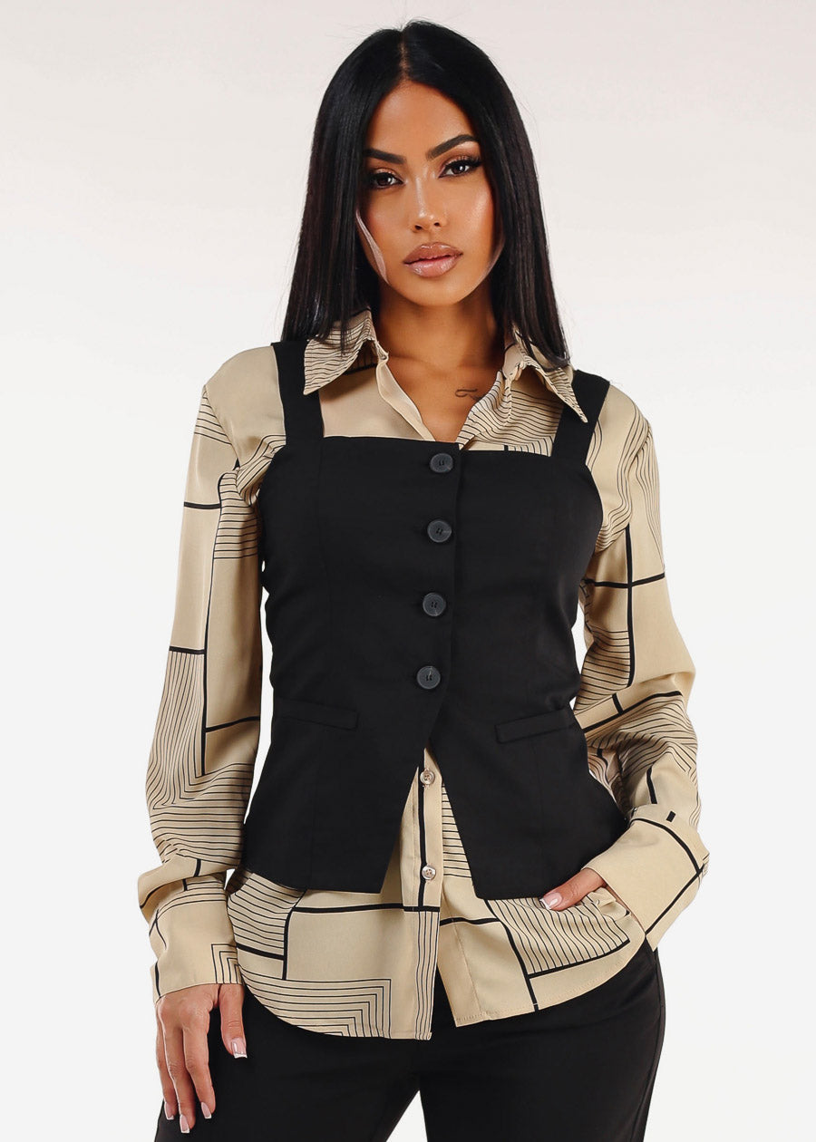 Square Neck Sleeveless Button Down Blouse Black