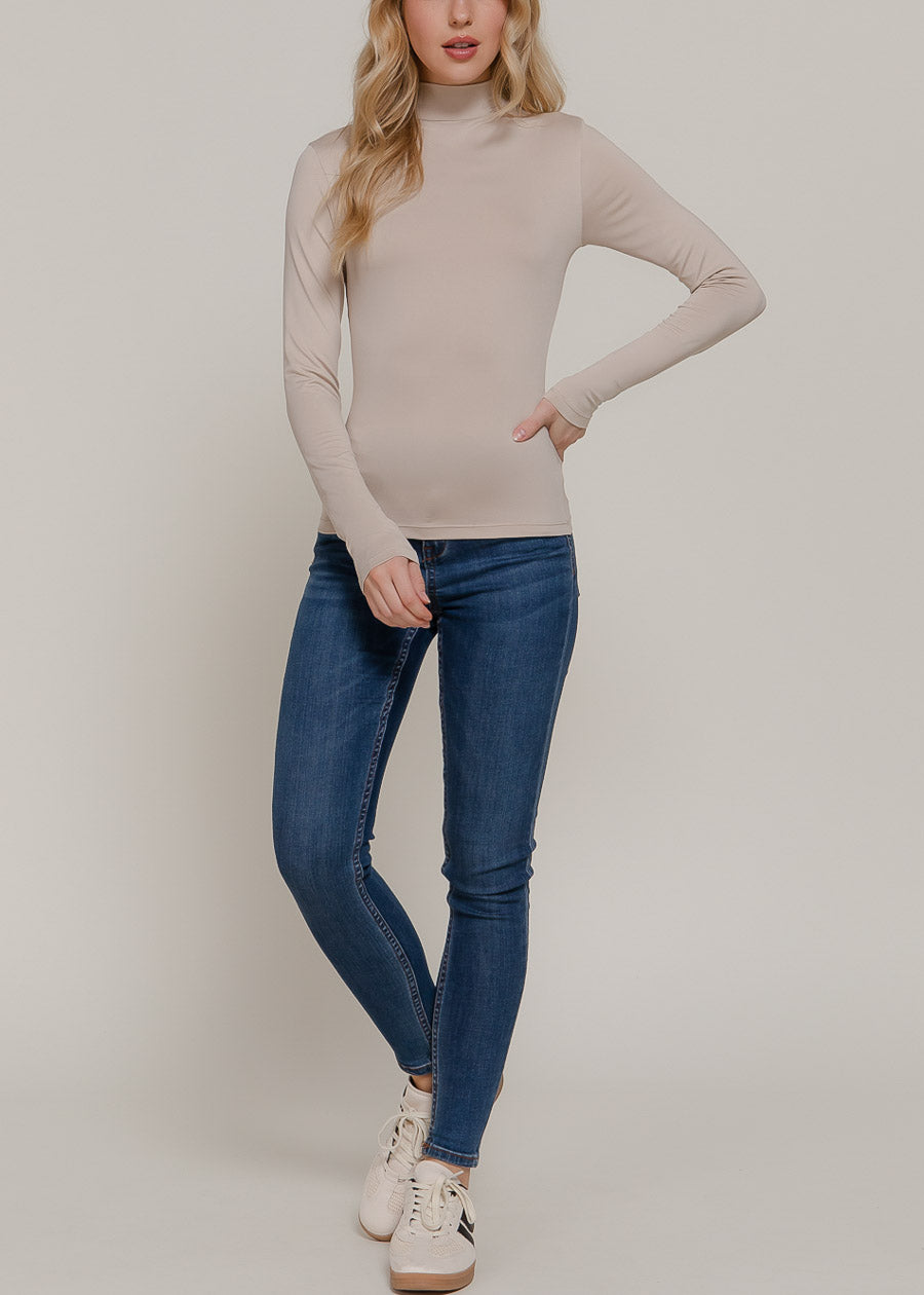 Long Sleeve Mock Neck Stretch Top Beige