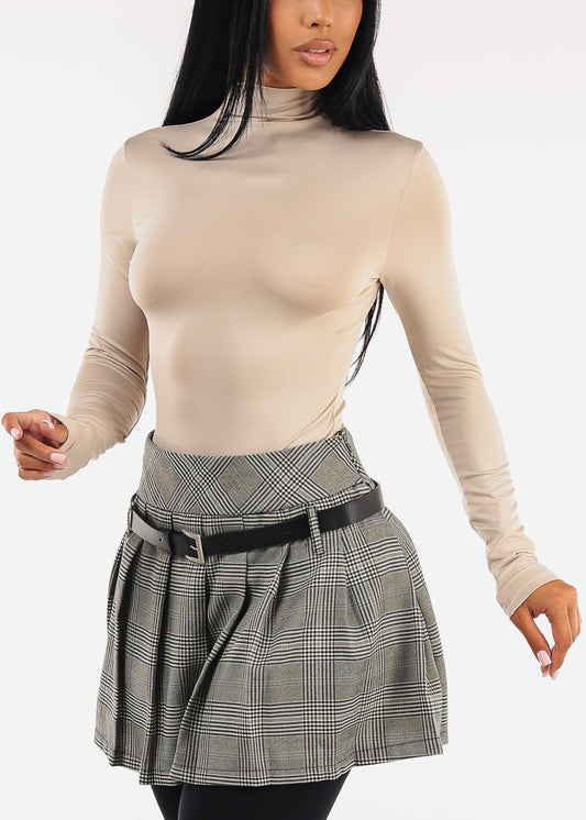 Long Sleeve Mock Neck Stretch Top Beige