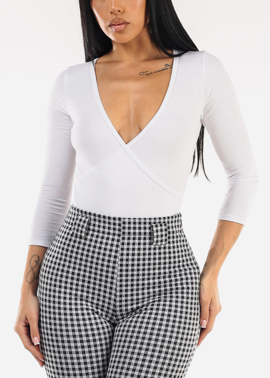 Quarter Sleeve Surplice Cotton Bodysuit White