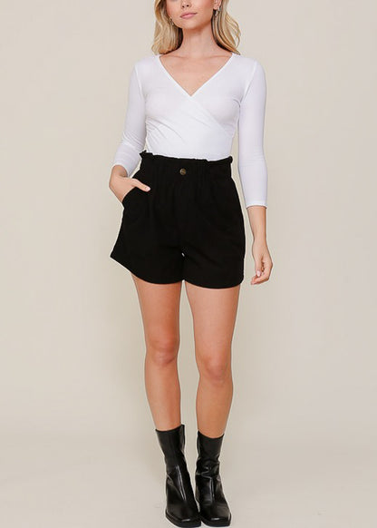 Quarter Sleeve Surplice Cotton Bodysuit White