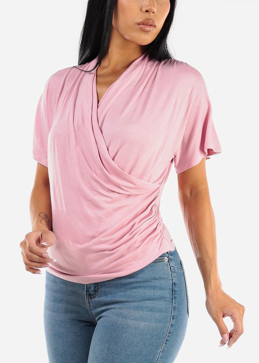 Short Dolman Sleeve Surplice Blouse Pink