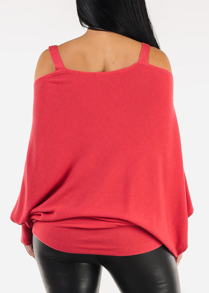 Cold Shoulder Stretch Tunic Top Coral Red