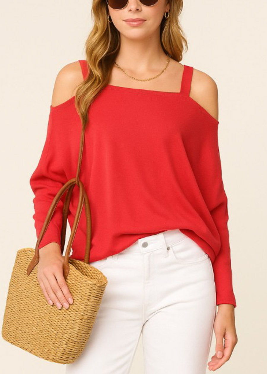 Cold Shoulder Stretch Tunic Top Coral Red