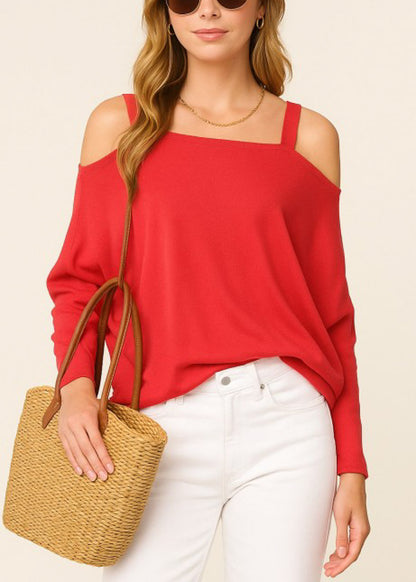 Cold Shoulder Stretch Tunic Top Coral Red