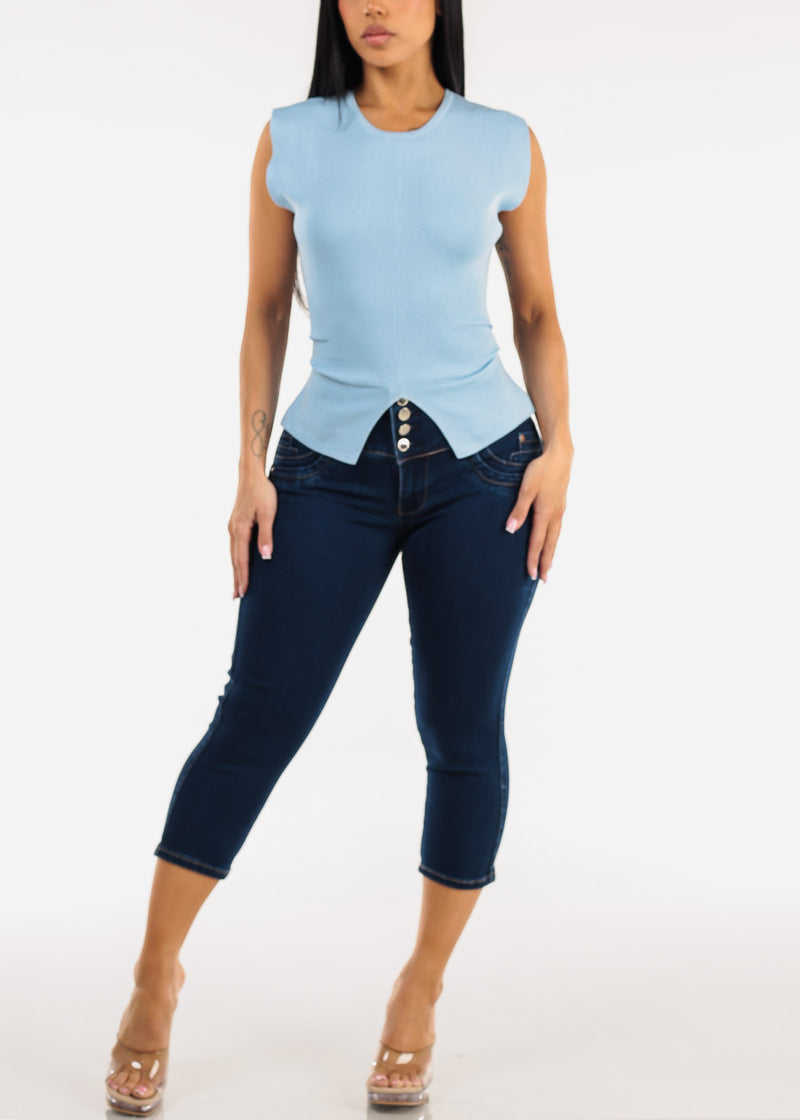 Stretch Sleeveless Round Neck Sweater Top Light Blue
