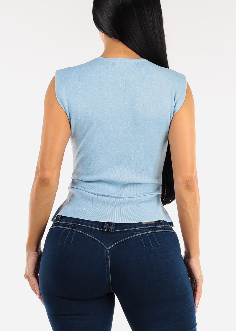 Stretch Sleeveless Round Neck Sweater Top Light Blue