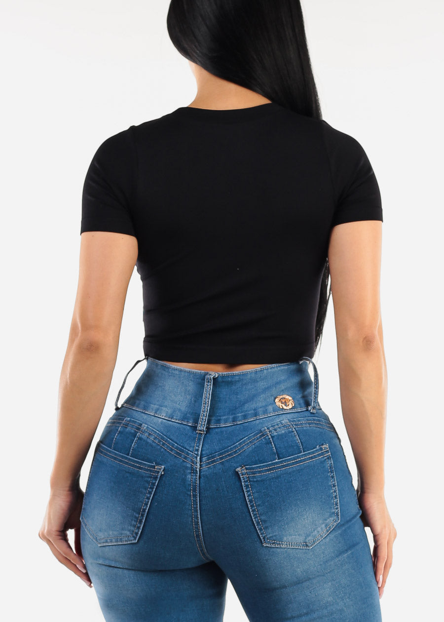 Short Sleeve Black Graphic Crop Top "Apparently"