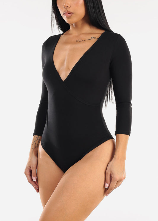Quarter Sleeve Surplice Cotton Bodysuit Black